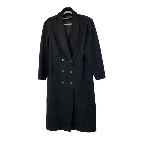 Michelle Francois Black Wool Long Trench Coat Size Large - Picture 13 of 15